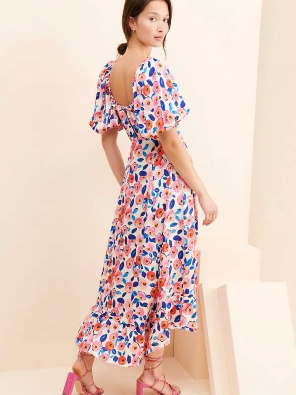 For Love & Lemons Gianna Midi Dress Floral White Pink Blue Slit $242 Size S - Picture 2 of 7